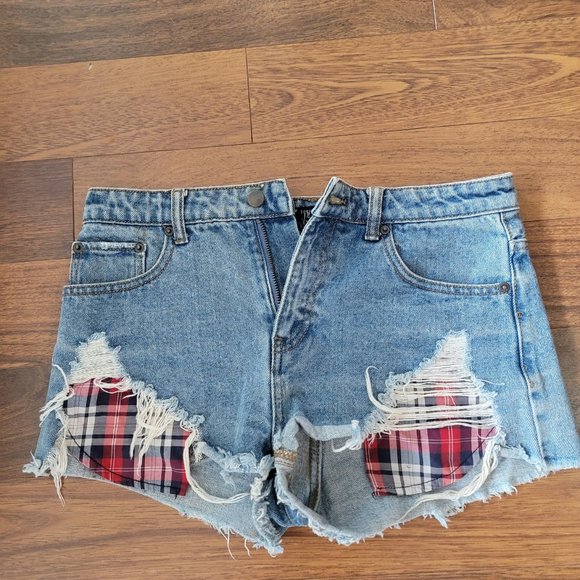 Forever 21, Denim/Jean Shorts, Plaid & Cutoff, Size 27 - Picture 1 of 3